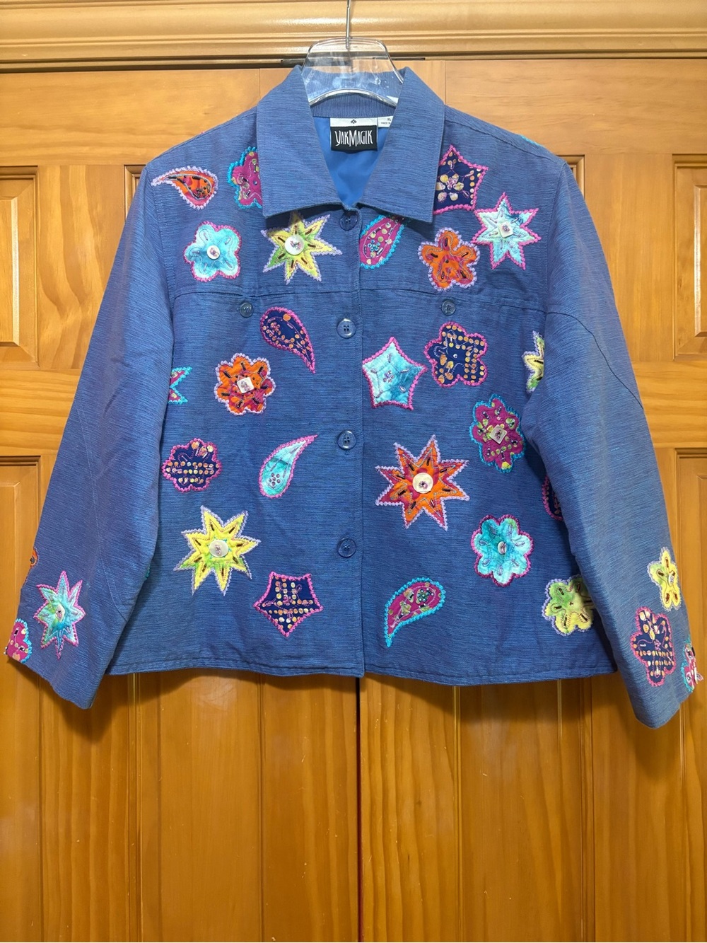 Yak Magik Blue Embroidered Jean Jacket “Art to Wear” Size XL EUC